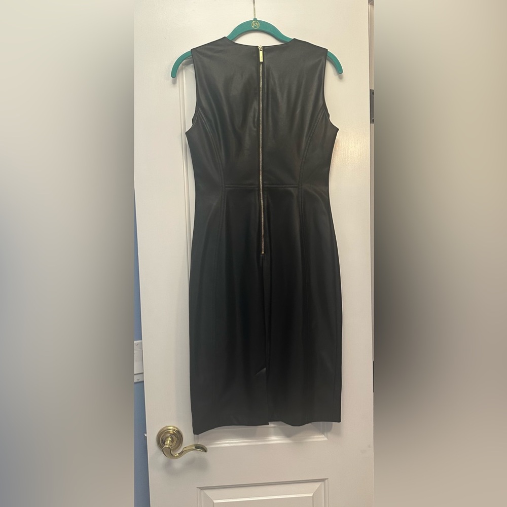 CALVIN KLEIN Size 4 Black Sleeveless Faux Leather Gold Zipper Midi Dress - Picture 5 of 8